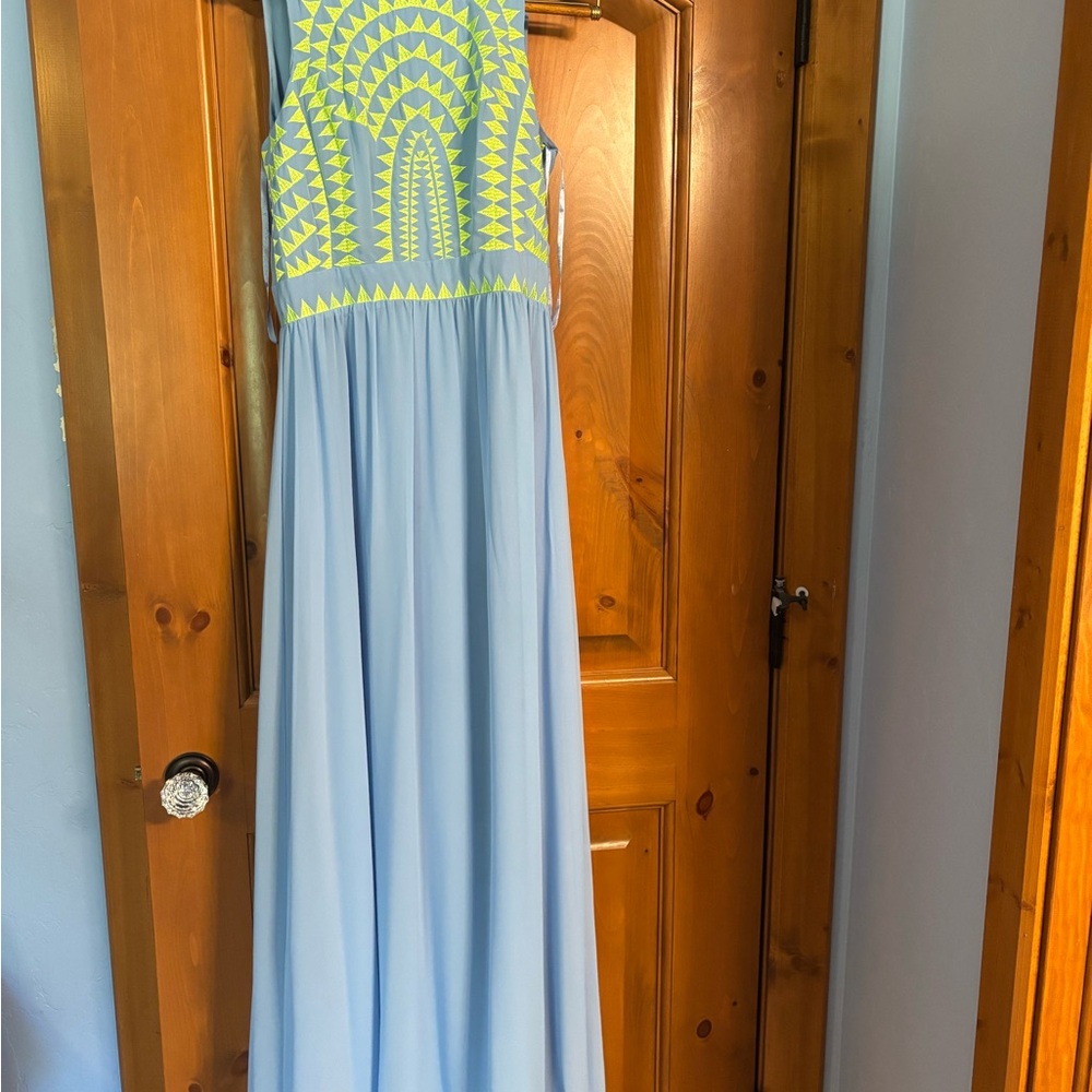 Gianni Bini Yellow and Blue Halter Maxi Gown